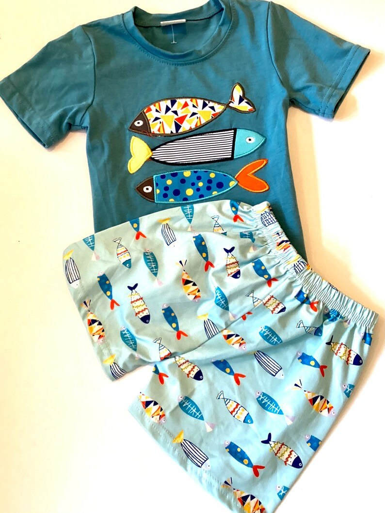 Preorder BSSO1078 cute fishing dark green short sleeve shorts boys set