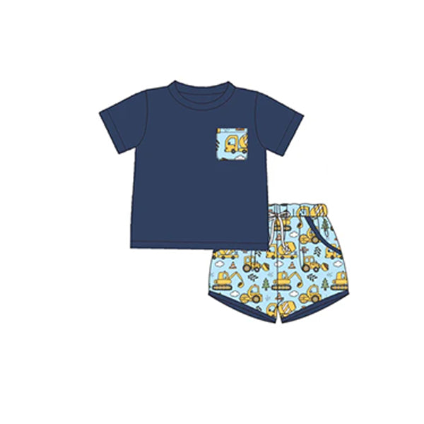 Preorder BSSO1084 navy blue pocket short sleeve cute construction shorts boys set