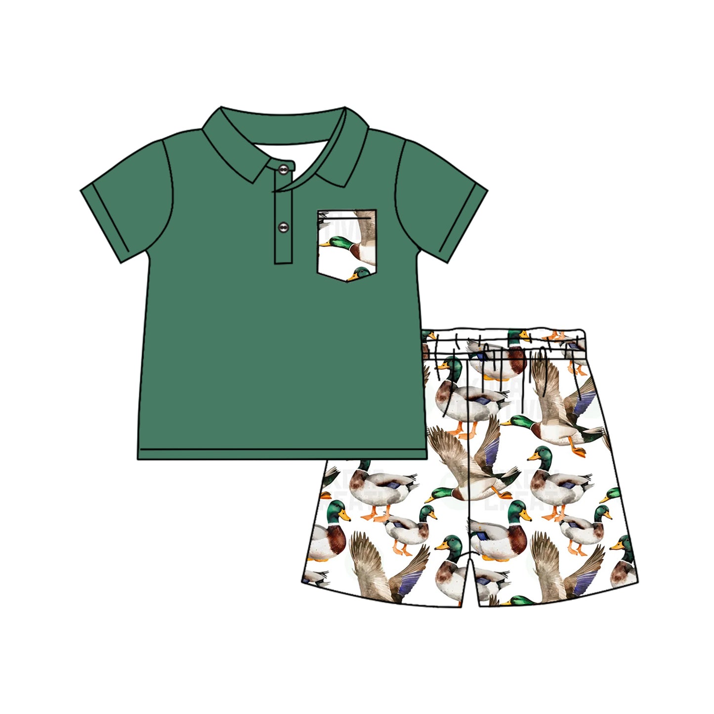 Preorder BSSO1087 hunting mallard duck green pocket short sleeve shorts boys set