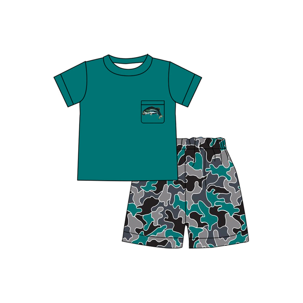 preorder BSSO1091 hunting camo fishing dark green pocket short sleeve shorts boys set