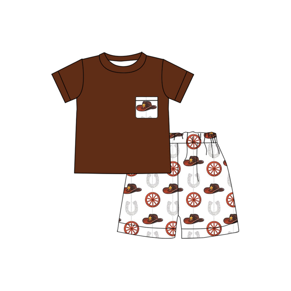 preorder BSSO1093 Western hat maroon pocket short sleeve shorts boys set