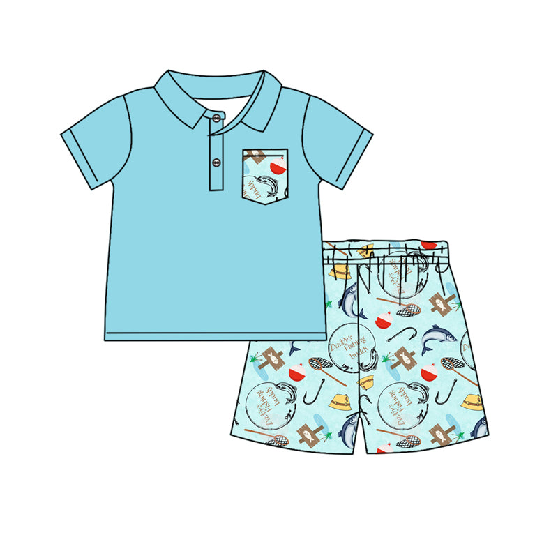 preorder BSSO1094 hunting fishing daddy's finshing buddy blue pocket short sleeve shorts boys set