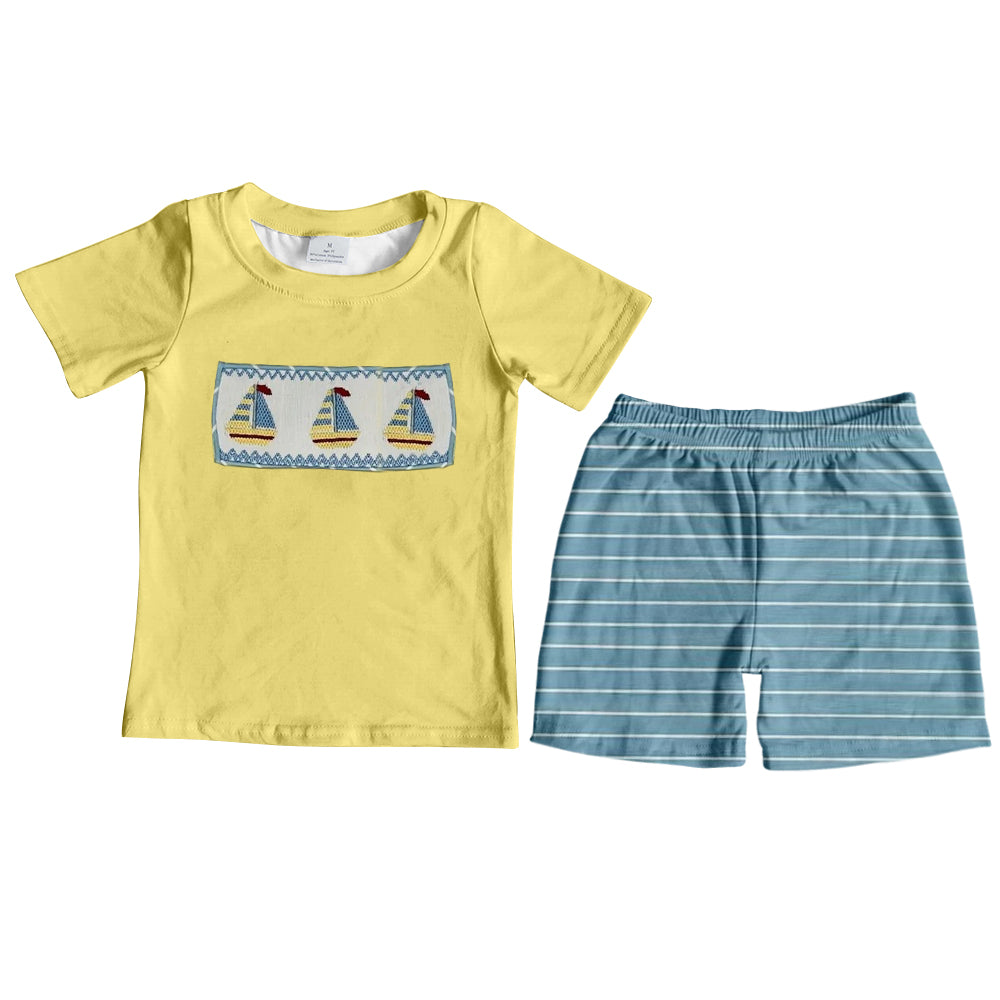 preorder BSSO1095 cute sailboat yellow short sleeve blue shorts boys set
