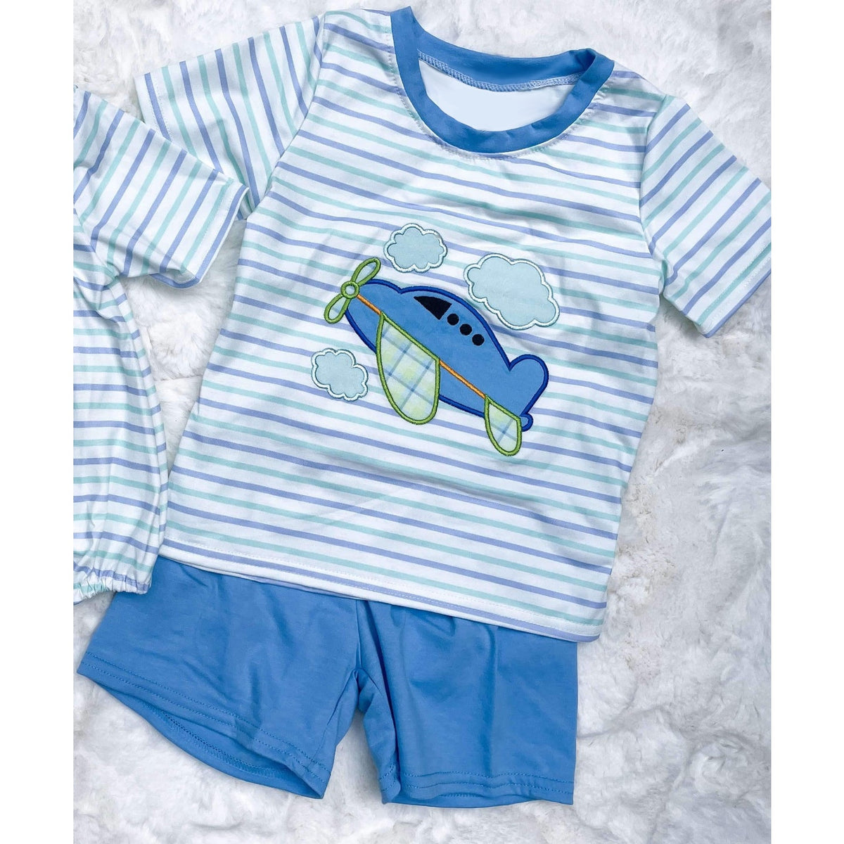 preorder BSSO1096 cute plane blue striped short sleeve blue shorts boys set