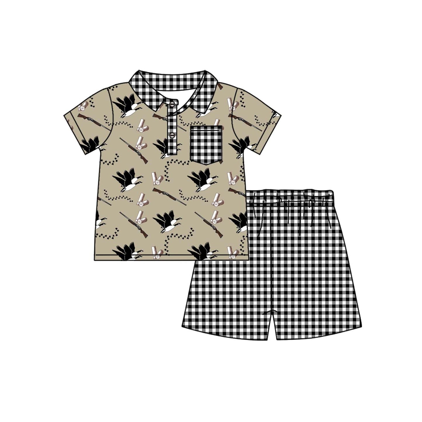 Preorder BSSO1106 hunting mallard duck brown pocket short sleeve black checkered shorts boys set