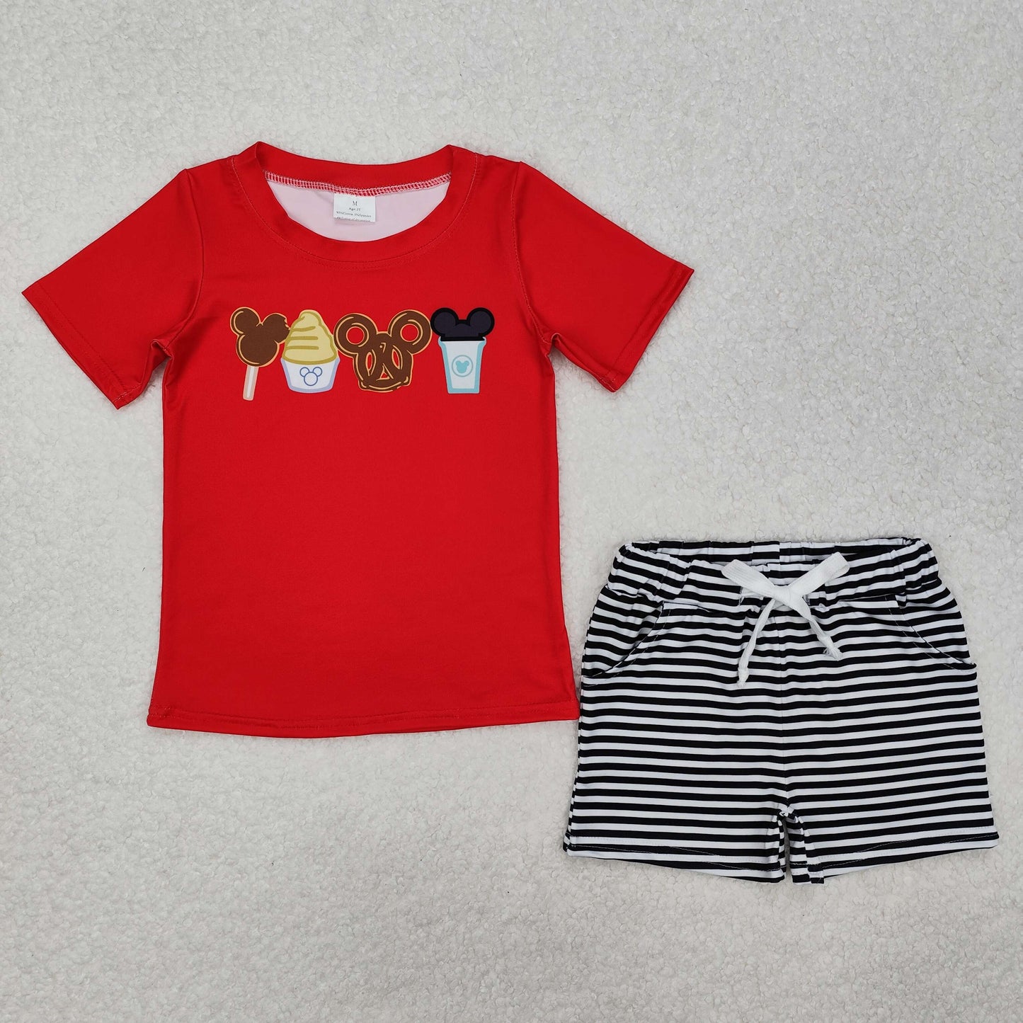 BSSO1110 cartoon M ice cookie red short sleeve black striped shorts boys set