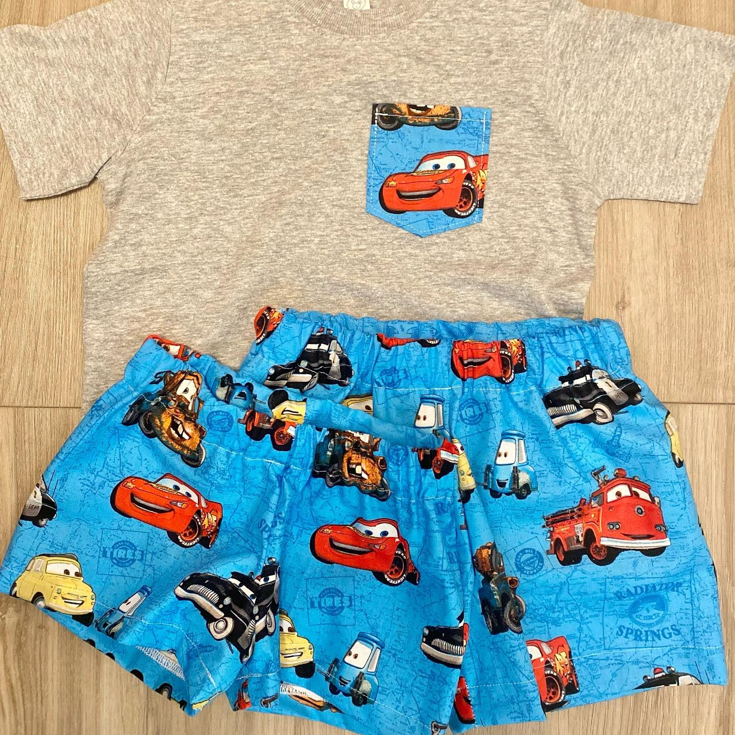 Preorder BSSO1111 cartoon car pocket grey short sleeve blue shorts boys set