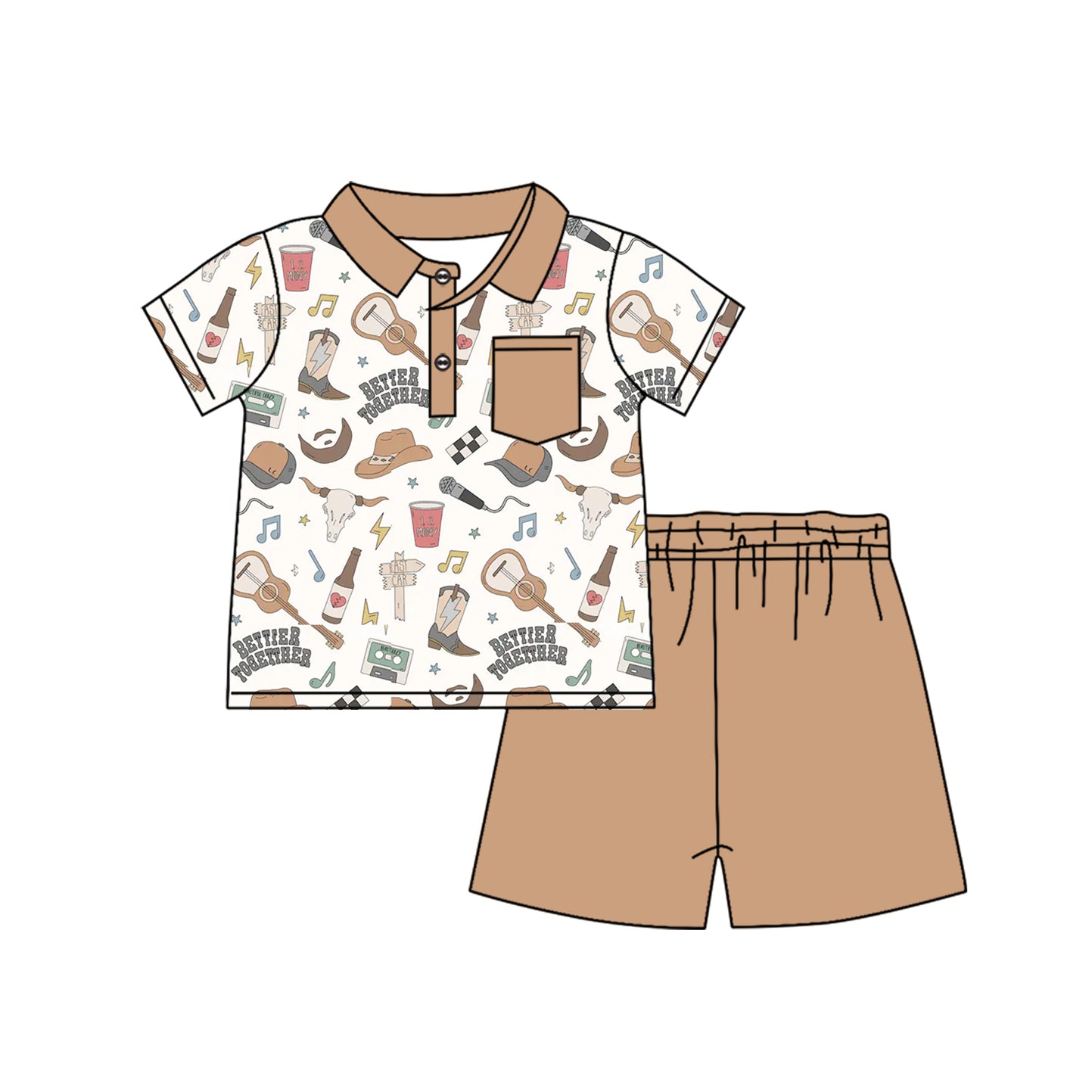 Preorder BSSO1112 Western boot cow bettier togettyer pocket short sleeve brown shorts boys set