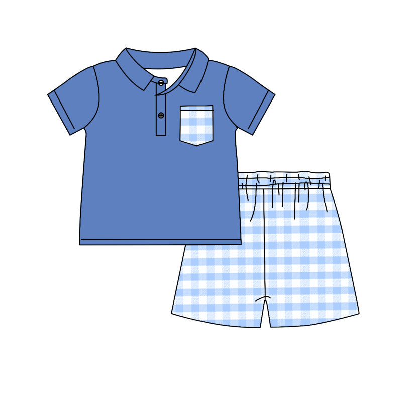 Preorder BSSO1127 blue pocket short sleeve blue checkered shorts boys set