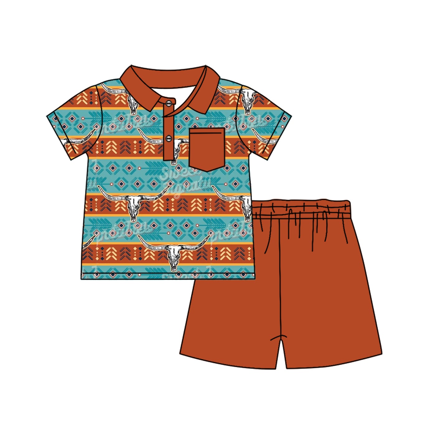 preorder BSSO1138 Western cow Aztec pocket short sleeve brown shorts boys set