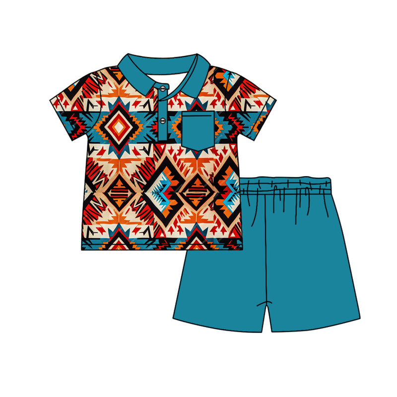 preorder BSSO1141 Western Aztec pocket short sleeve blue shorts boys set