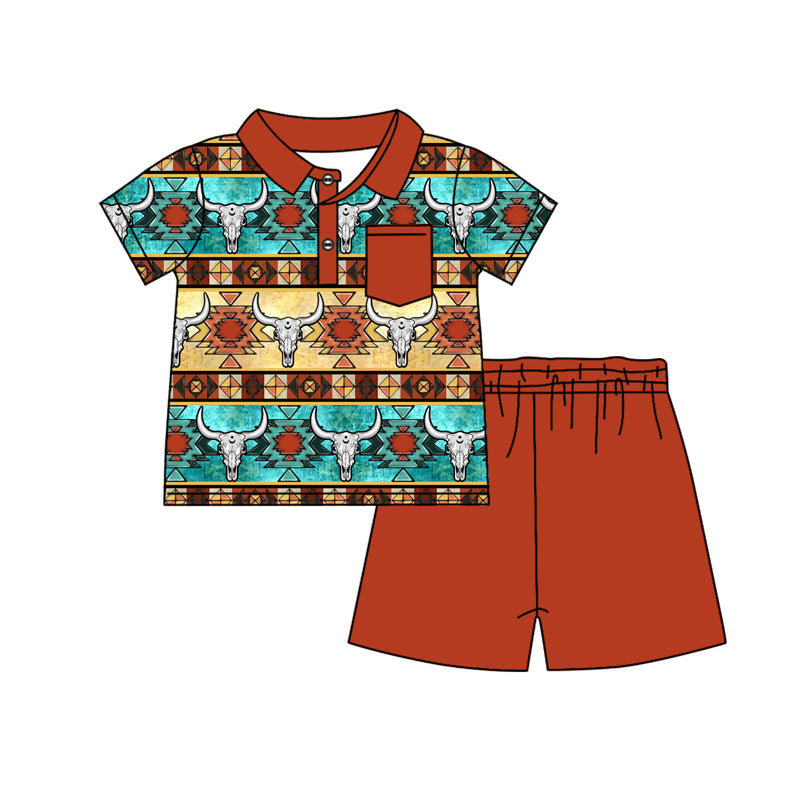 preorder BSSO1142 Western cow Aztec pocket short sleeve orange shorts boys set