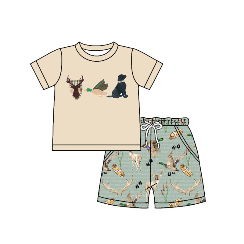 preorder BSSO1148 hunting deer dog mallard duck khaki short sleeve green shorts boys set