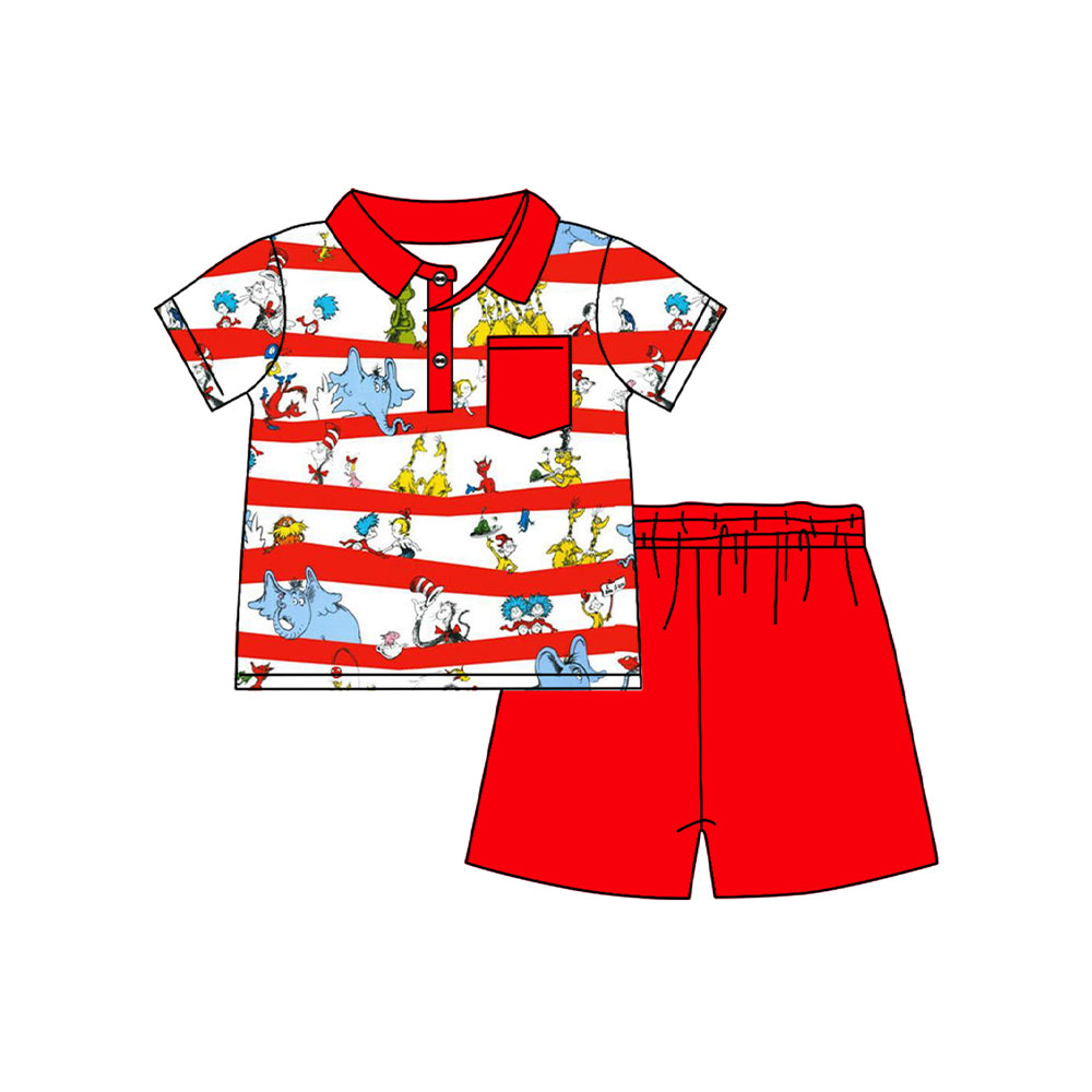 preorder BSSO1156 Cartoon Dr Elephant Red Pocket Short Sleeve Red Shorts Boys Set