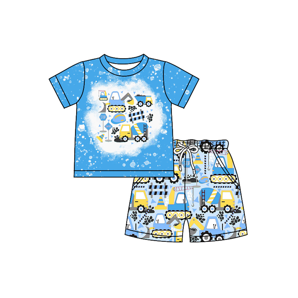 preorder BSSO1171 Construction Truck Blue Short Sleeve Shorts Boys Set