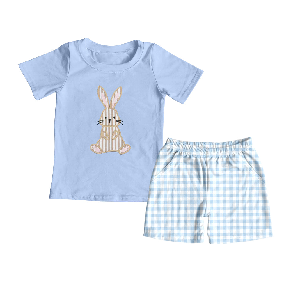 preorder BSSO1174 Easter Bunny Rabbit Blue Short Sleeve Blue Checkered Shorts Boys Set