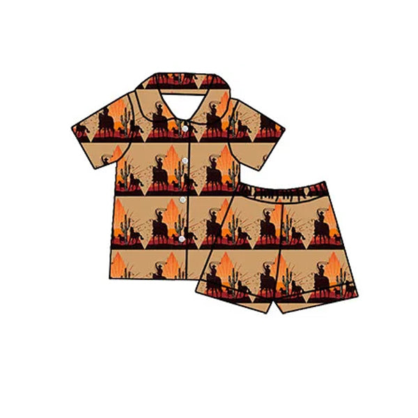 preorder BSSO1180 Western Rodeo Cactus Brown Short Sleeve Shorts Girls Pajamas