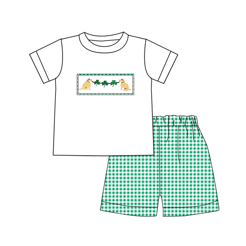 preorder BSSO1182 St. Patrick Clover Dog Short Sleeve Green Checkered Shorts Boys Set