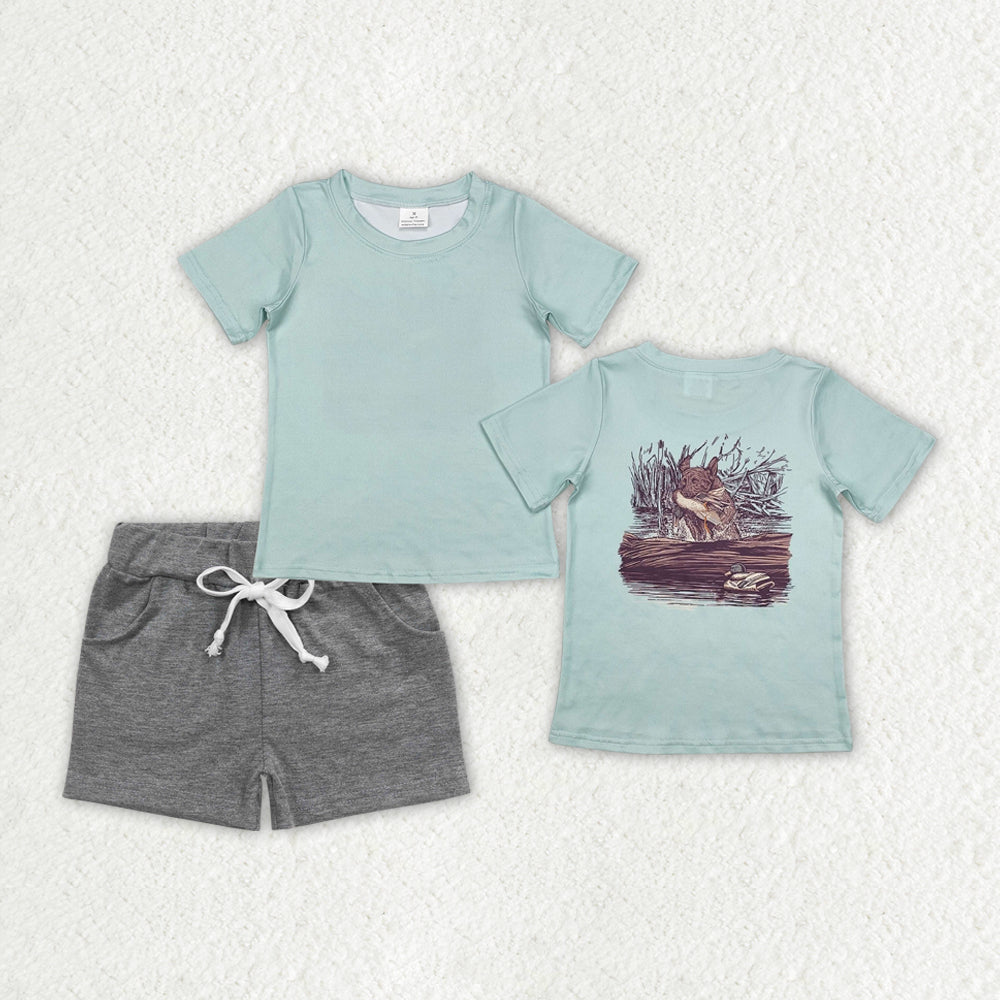 BSSO1199 Hunting Season Mallard Duck Dog Short Sleeve Grey Shorts Boys Set