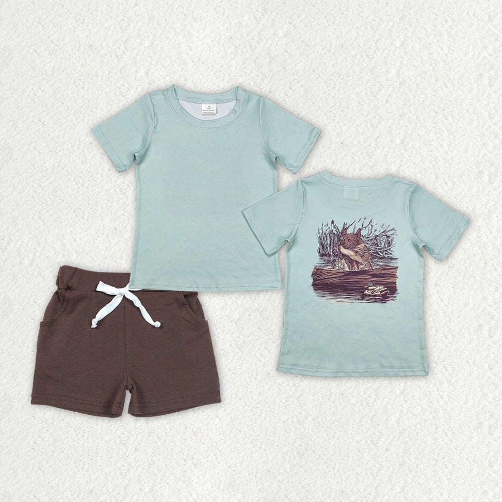 BSSO1200 Hunting Season Mallard Duck Dog Short Sleeve Brown Shorts Boys Set