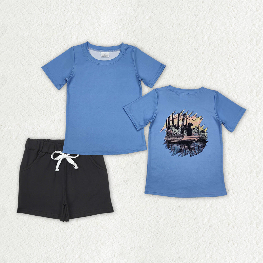 BSSO1201 Hunting Season Dog Fishing Blue Short Sleeve Black Shorts Boys Set