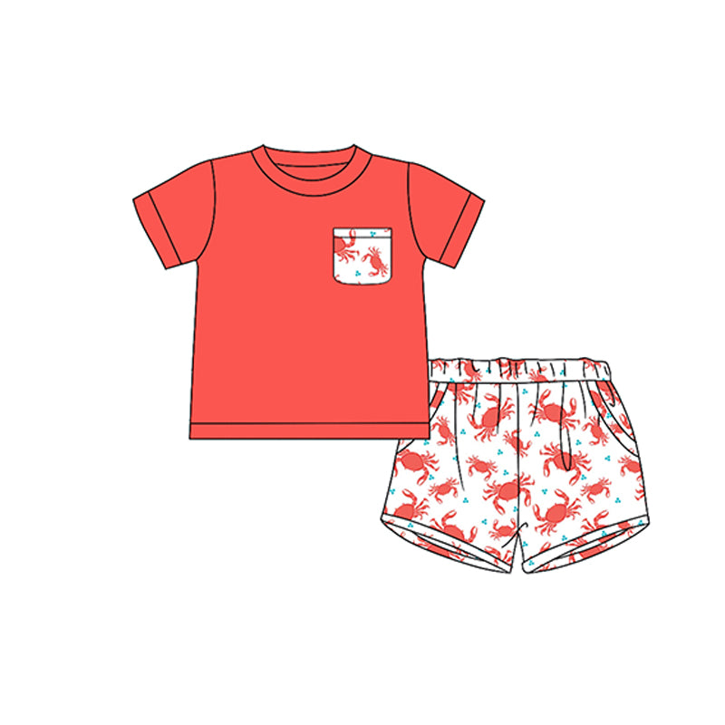 preorder BSSO1205 red pocket short sleeve crab shorts boys set