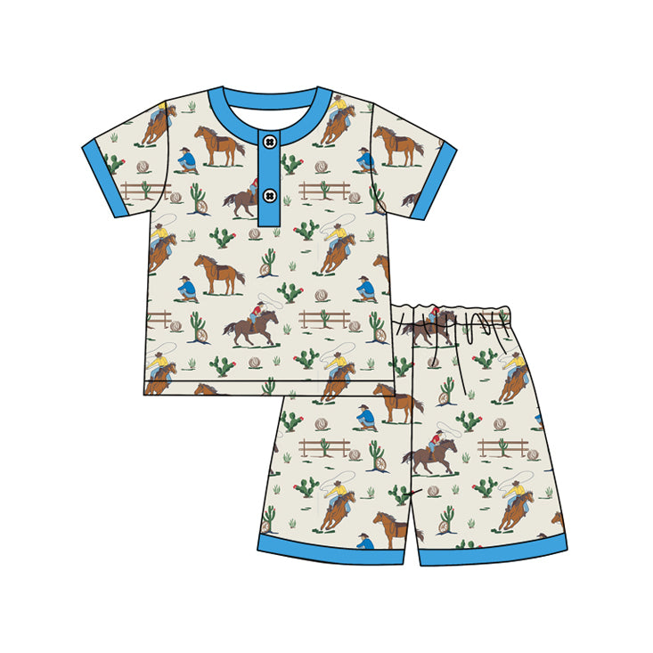preorder BSSO1208 Western rodeo cactus blue short sleeve shorts boys pajamas