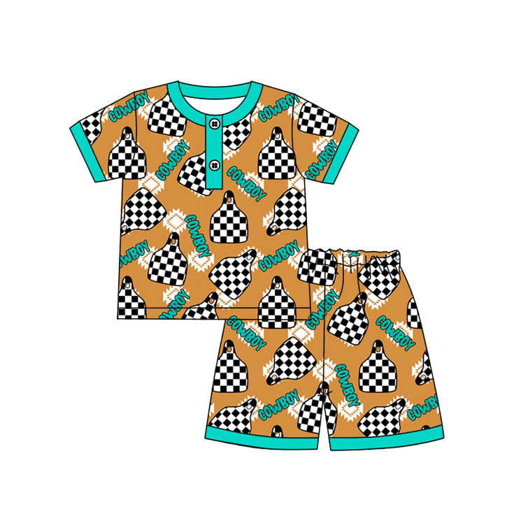preorder BSSO1219 Western Cowboy Aztec Checkered Short Sleeve Shorts Boys Set