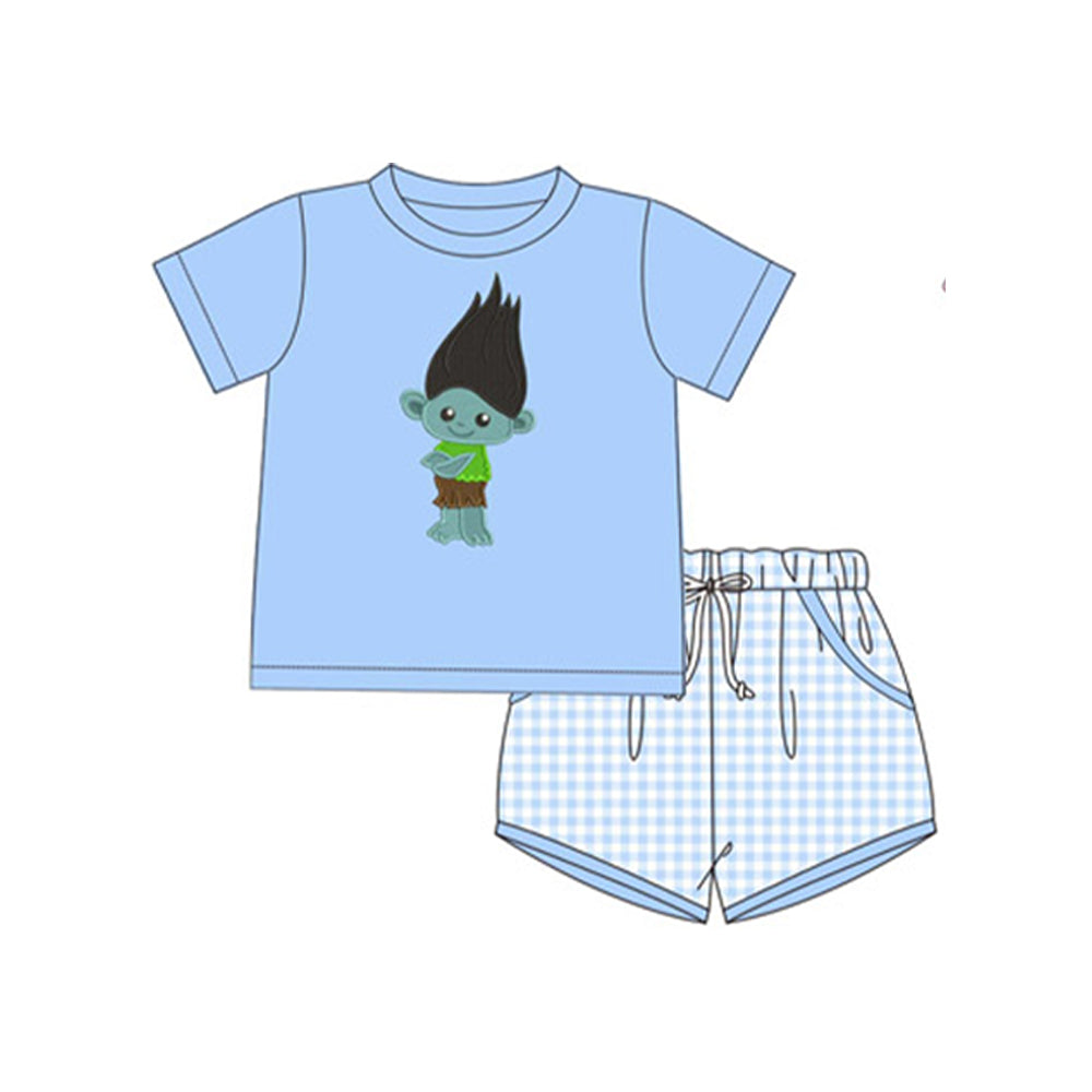 preorder BSSO1228 long hair baby blue short sleeve checkered shorts boys set