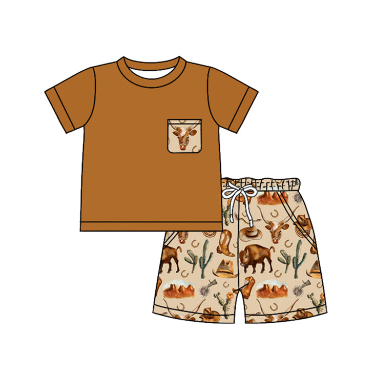preorder BSSO1235 baby boy Western cow pocket brown short sleeve cactus boot shorts ser