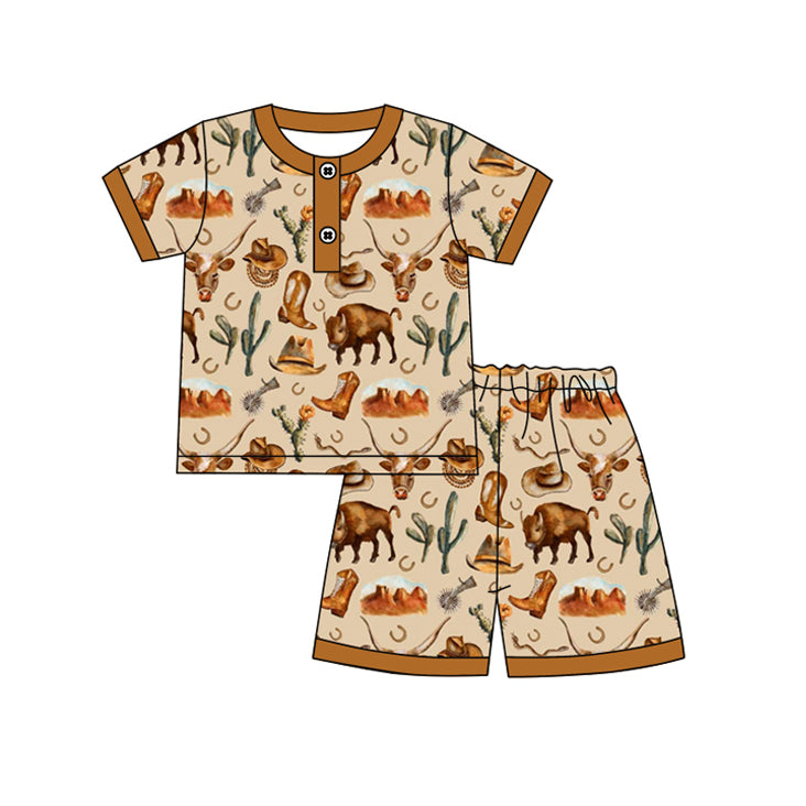 preorder BSSO1236 baby boy Western cow cactus boot brown short sleeve shorts pajamas