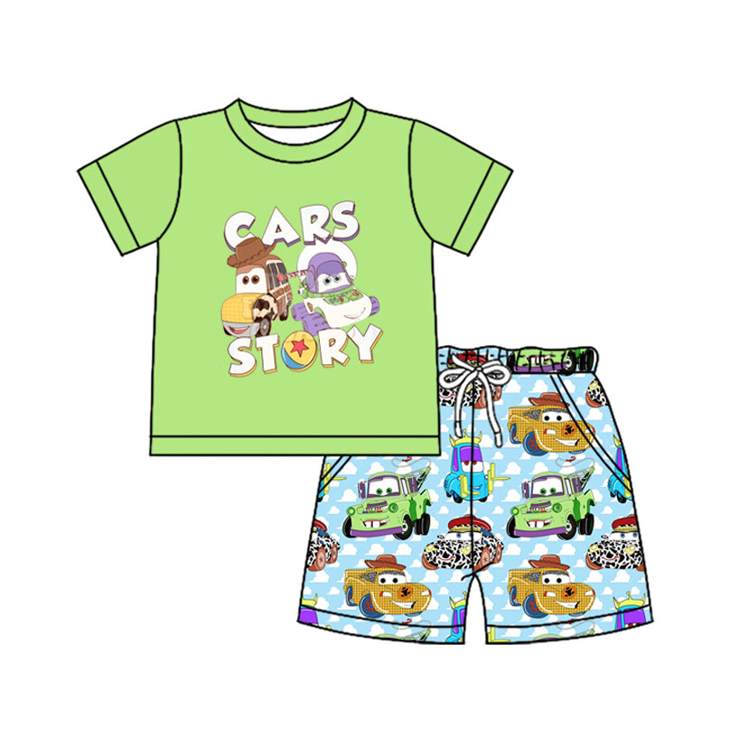 preorder BSSO1239 baby boy cartoon car green short sleeve blue shorts set