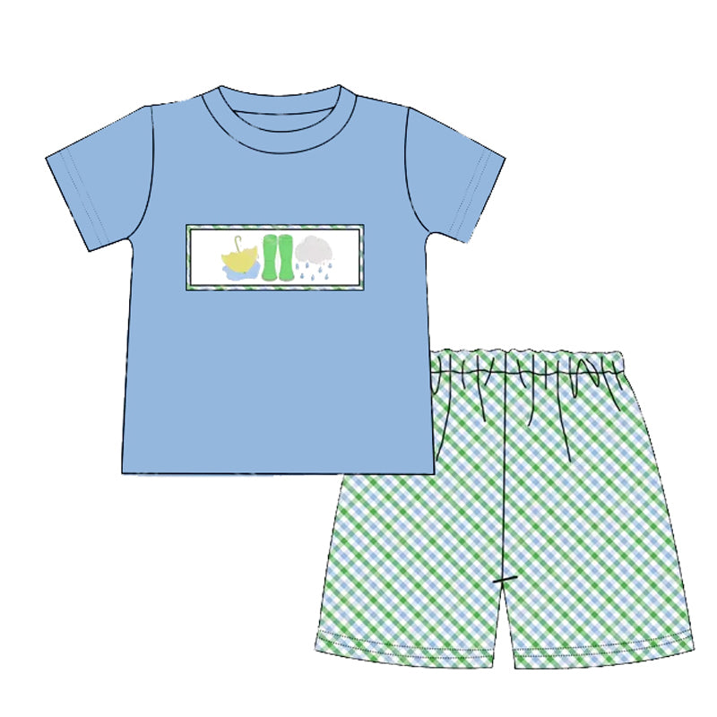 preorder BSSO1242 baby boy umbrella rain boots blue short sleeve green checkered shorts set