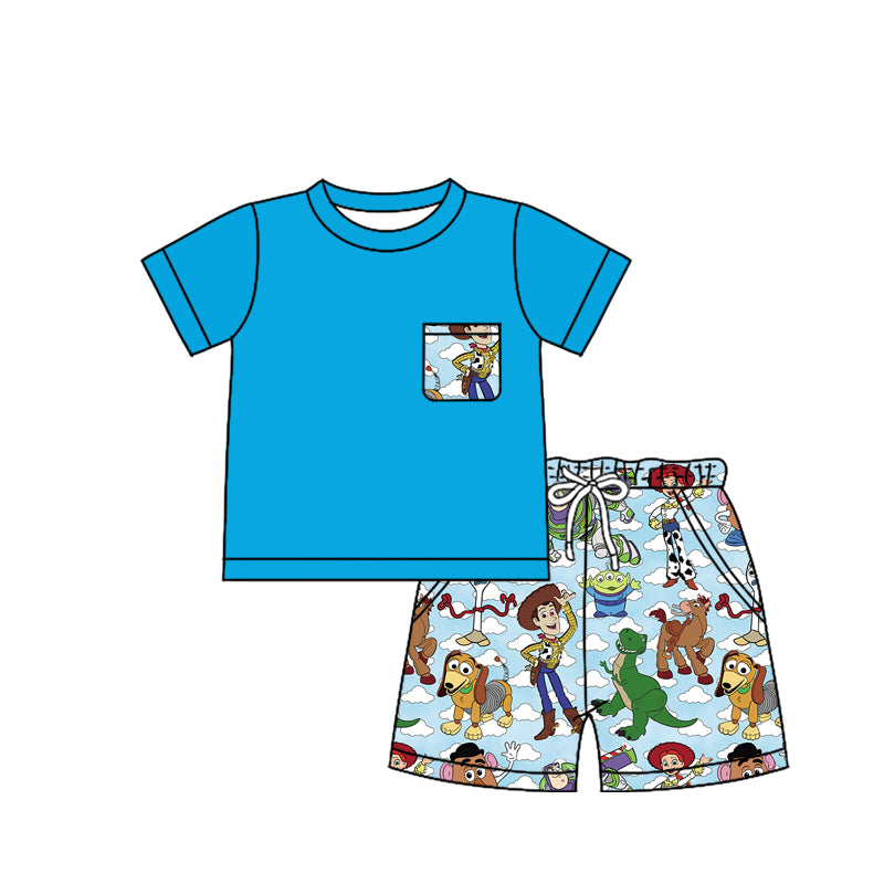 preorder BSSO1251 Cartoon Toy Pocket Blue Short Sleeve Dinosaur Shorts Boys Set
