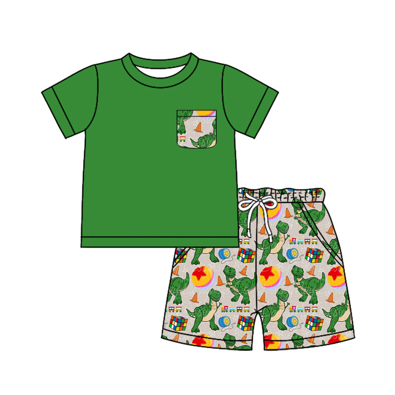 preorder BSSO1254 Cartoon Dinosaur Green Pocket Short Sleeve Shorts Boys Set