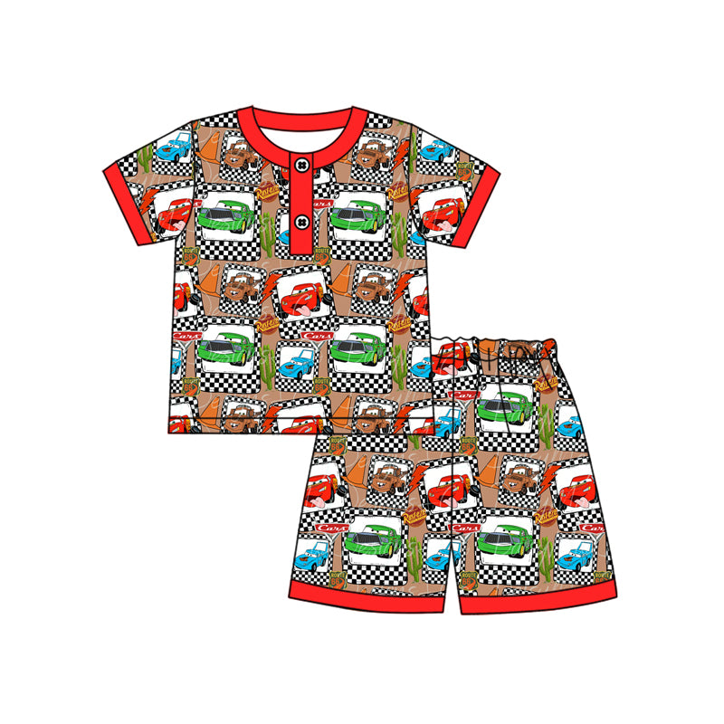 preorder BSSO1257 Cartoon Car Checkered Red Short Sleeve Shorts Boys Pajamas