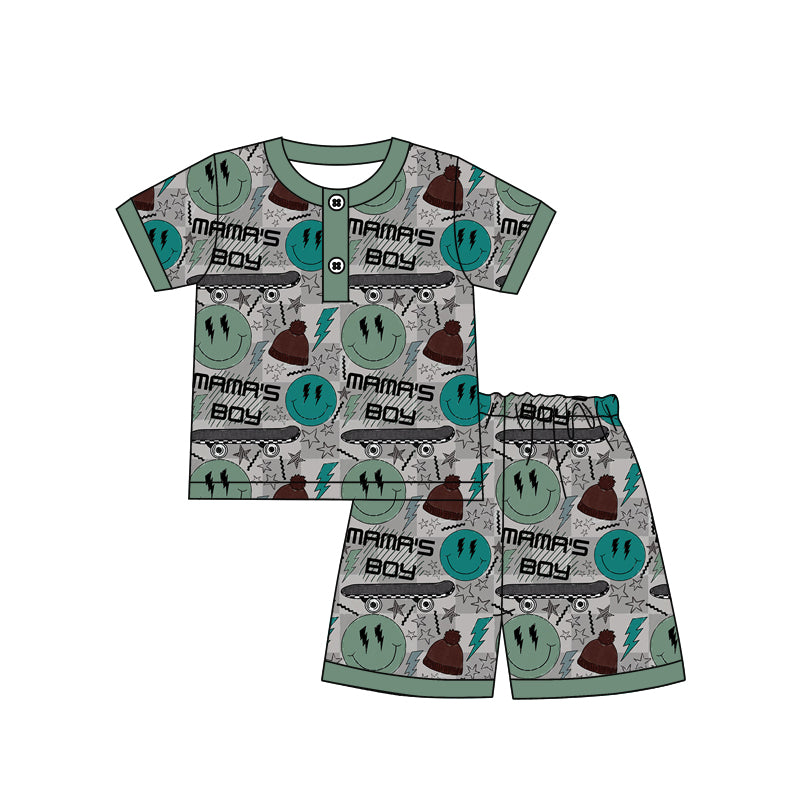 preorder BSSO1261 Mama's Boy Smile Green Short Sleeve Shorts Boys Pajamas