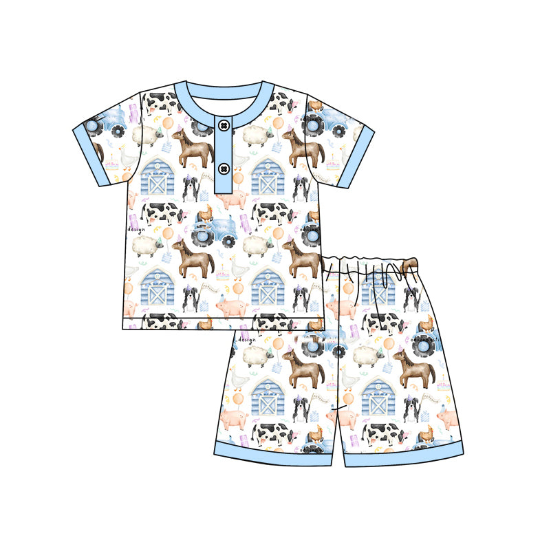 preorder BSSO1263 Farm Horse House Cow Blue Short Sleeve Shorts Boys Pajamas