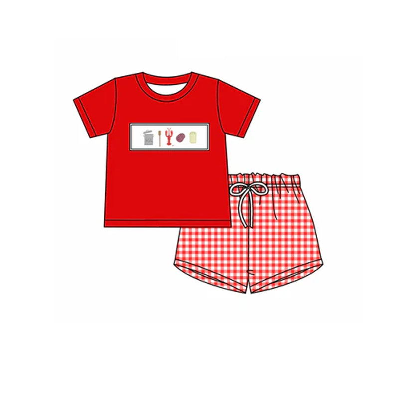 preorder BSSO1264 Crayfish Corn Red Short Sleeve Checkered Shorts Boys Set