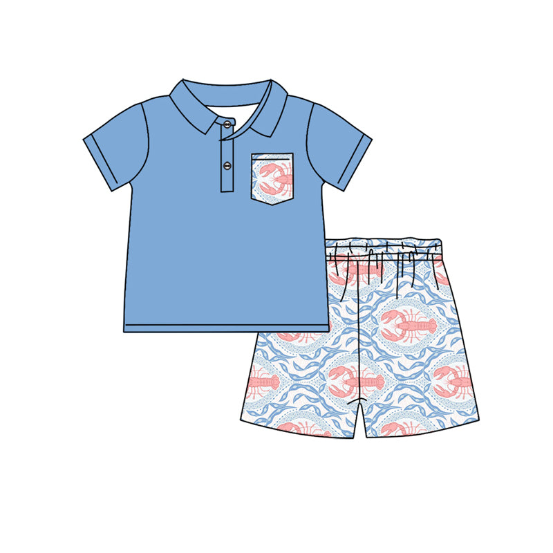 preorder BSSO1265 Blue Pocket Short Sleeve Red Crayfish Blue Shorts Boys Set