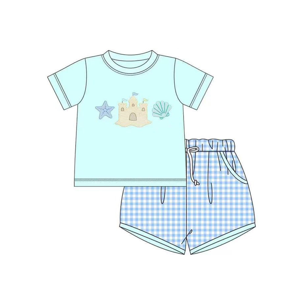 preorder BSSO1266 Beach Castle Shell Mint Short Sleeve Blue Checkered Shorts Boys Set