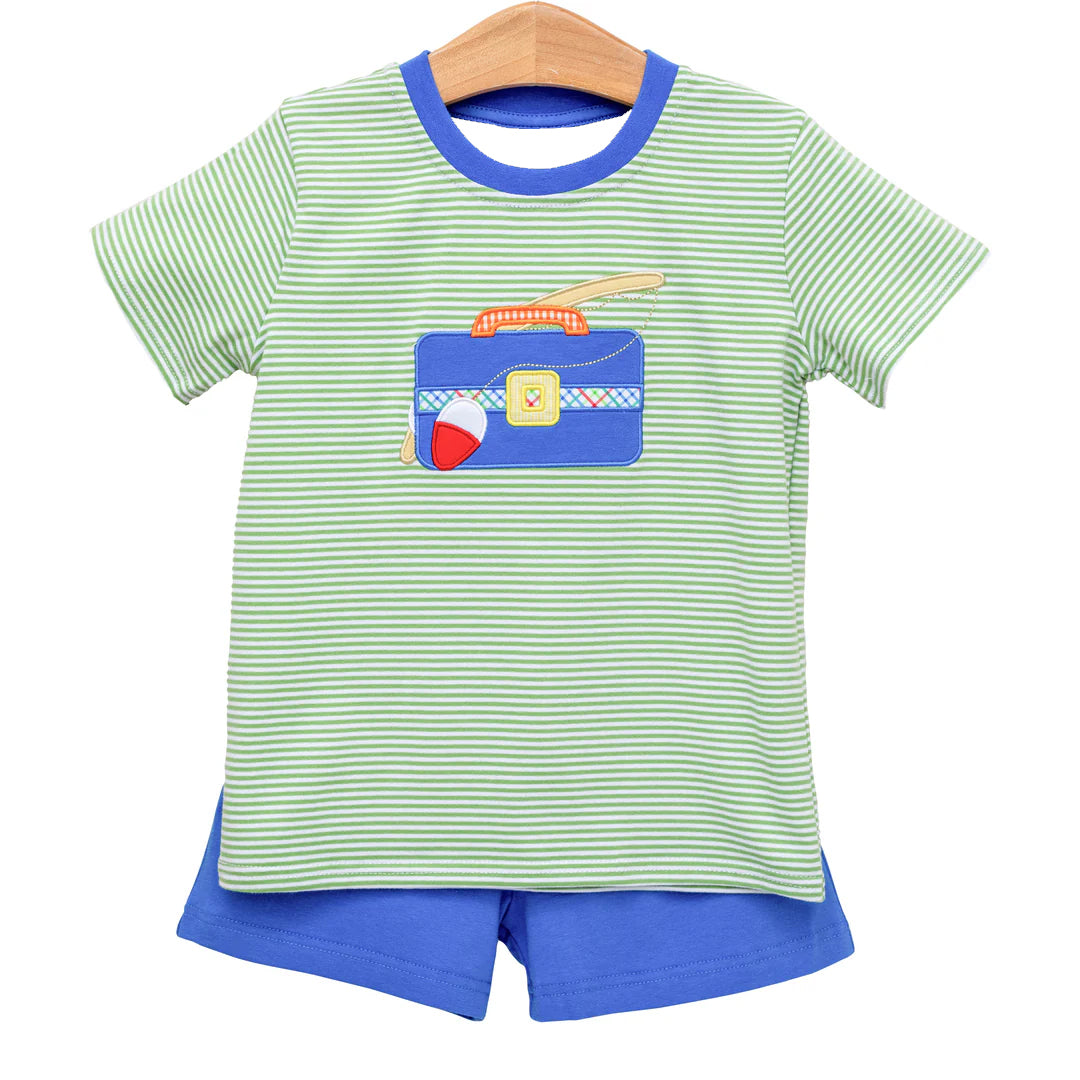 preorder BSSO1267 Hunting Fishing Green Striped Short Sleeve Blue Shorts Boys Set