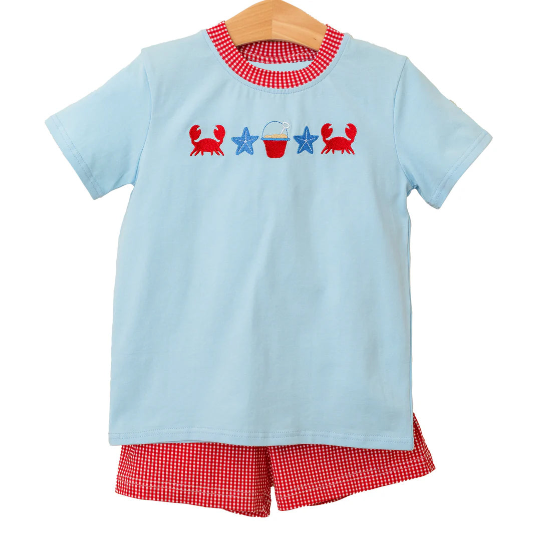 preorder BSSO1268 Beach Crab Starfish Blue Short Sleeve Red Checkered Shorts Boys Set