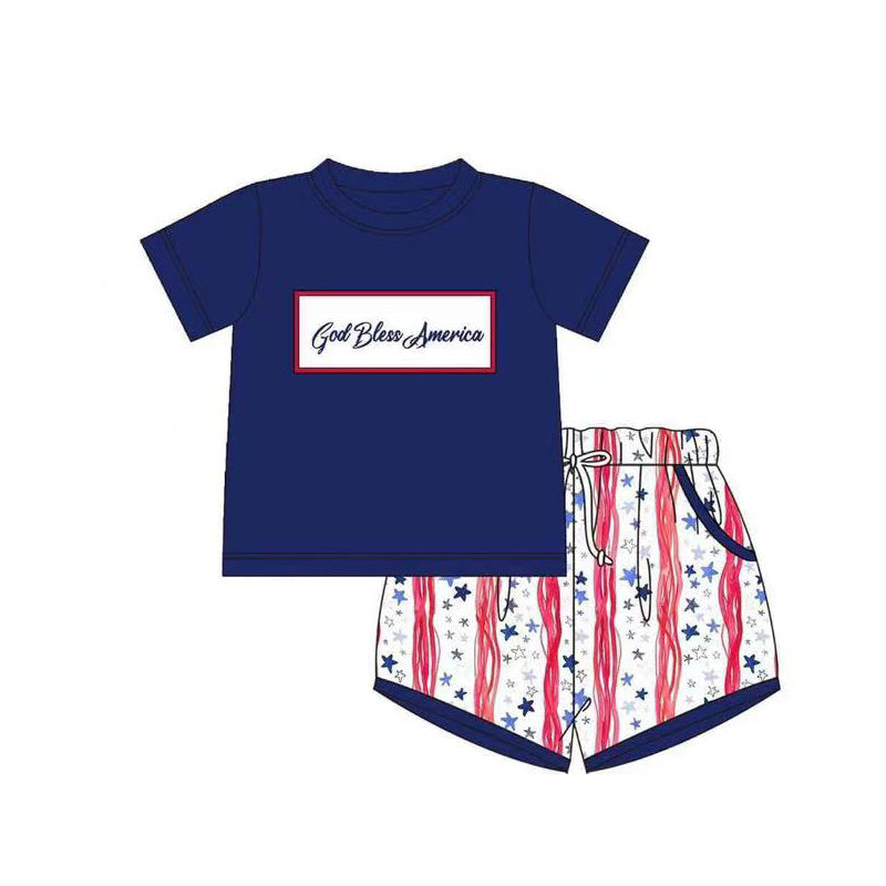 preorder BSSO1270 God Bless America Navy Blue Short Sleeve Star Red Striped Shorts Boys Set