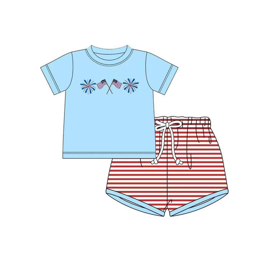 preorder BSSO1271 July 4th Flag Fireworks Blue Short Sleeve Red Striped Shorts Boys Set