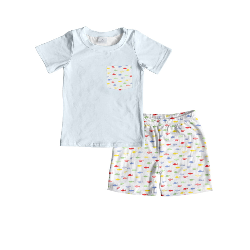 preorder BSSO1277 cute colorful fish pocket light blue short sleeve shorts boys set