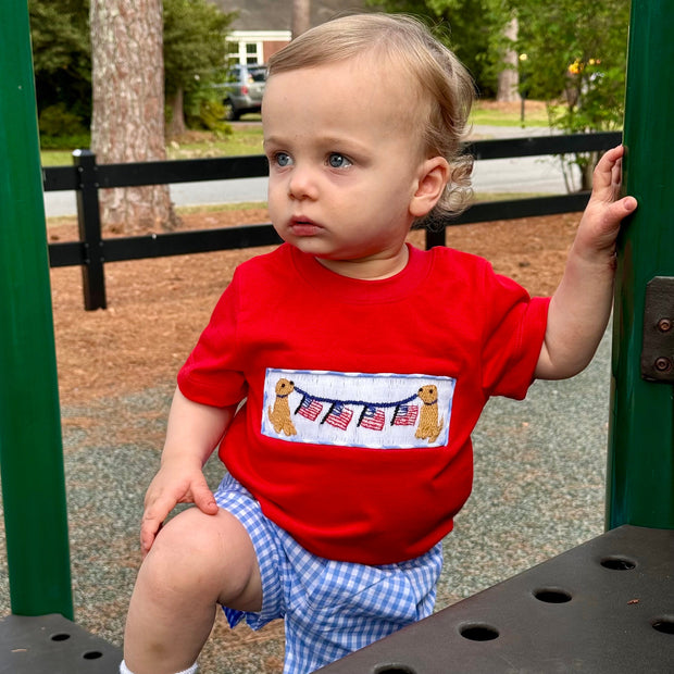 preorder BSSO1282 July 4th dog flag red short sleeve blue checkered shorts boys set
