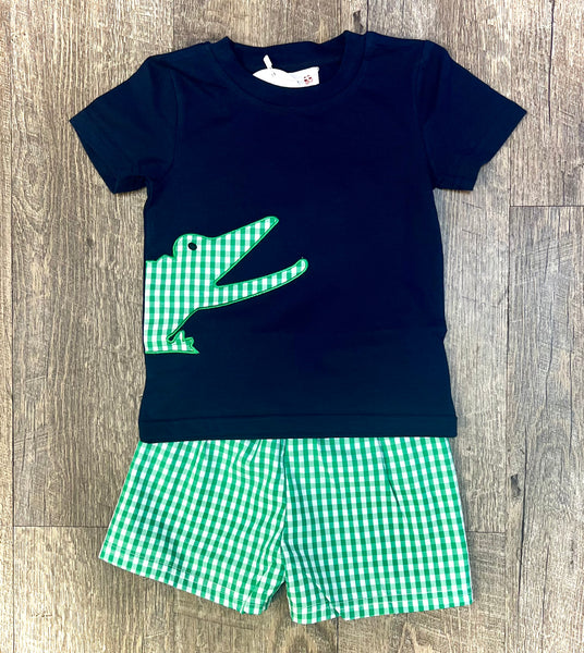 preorder BSSO1284 crocodile navy blue short sleeve green checkered boys set