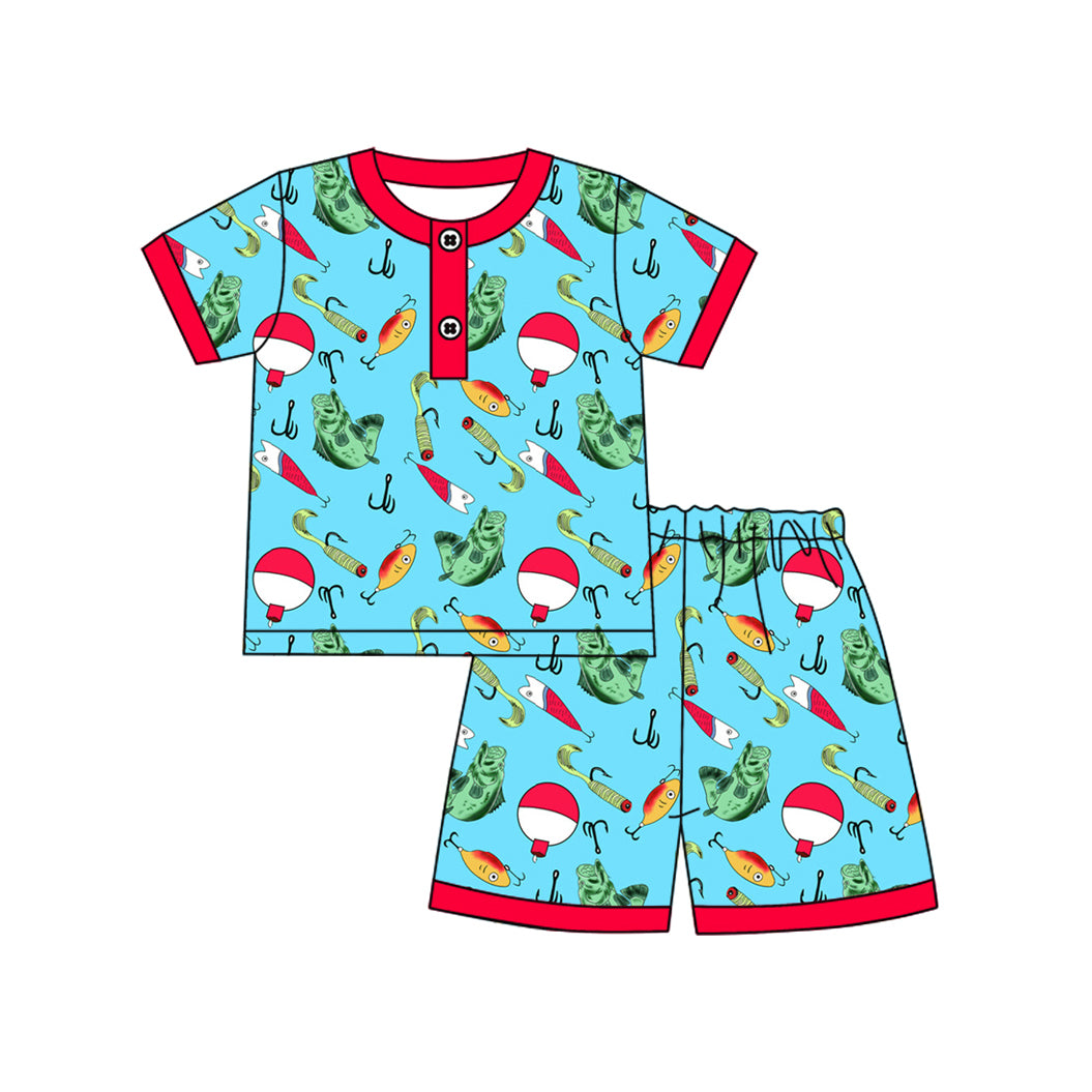 preorder BSSO1288 Hunting fishing blue red short sleeve shorts boys pajamas