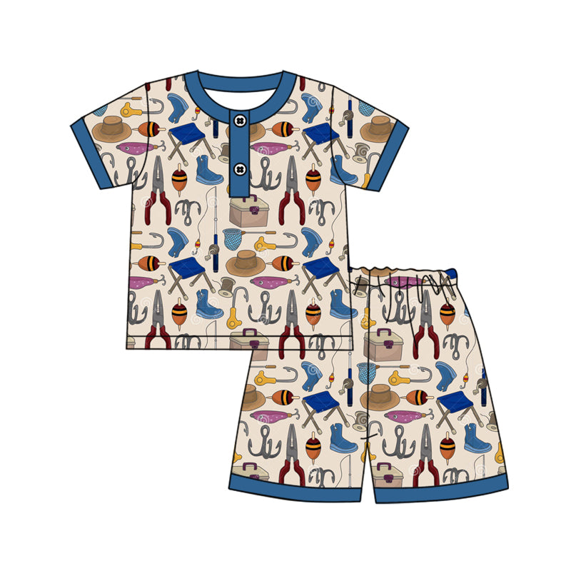 preorder BSSO1294 Hunting fishing navy blue short sleeve shorts boys pajamas